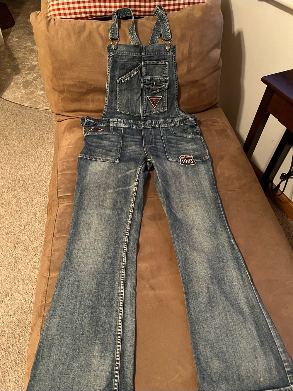 Harley Davidson Women's Denim Overalls - Blue Distressed Bib Jeans with patches